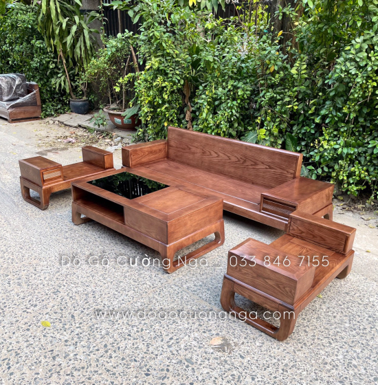 Bộ Sofa Văng Gỗ Sồi Nga Lau Màu Óc Chó 2m3 Kèm Nệm 