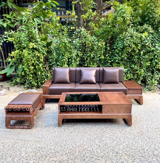 Bộ sofa văng gỗ sồi nga lau màu óc chó 2m3 kèm nệm 