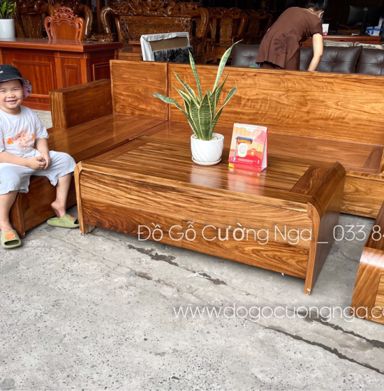 Bộ Bàn Ghế Sofa Gỗ Hương Xám Góc L Chân Cuốn Cao Cấp 