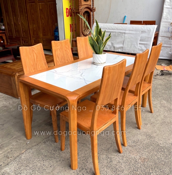 Bộ bàn ăn gỗ sồi nga mặt đá 6 ghế - màu gõ đỏ BG 064