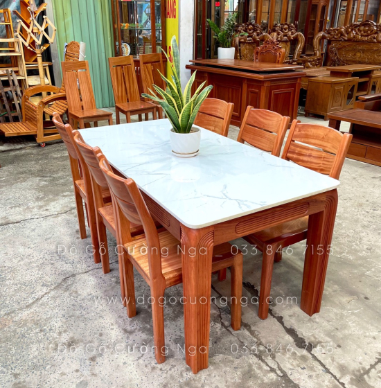 Bàn ăn gỗ Xoan Đào mặt đá cao cấp - 6 ghế BG 027