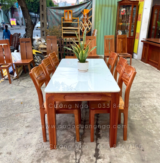 Bộ bàn ăn gỗ Xoan Đào mặt đá 1m6 - 6 ghế hiện đại BG 034