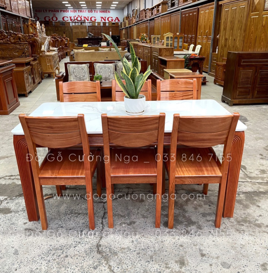 Bộ bàn ăn gỗ Xoan Đào mặt đá 1m6 - 6 ghế hiện đại BG 034