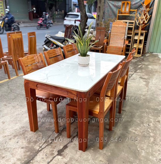 Bàn ăn gỗ Xoan Đào mặt đá cao cấp - 6 ghế BG 027