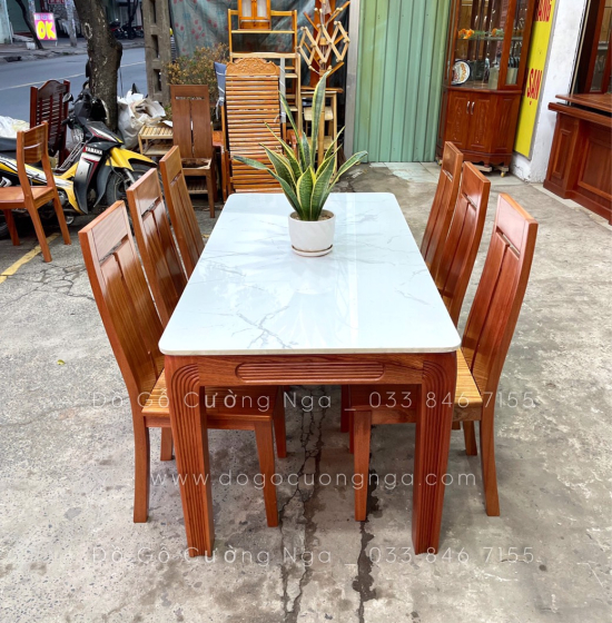 Bộ bàn ăn mặt đá 6 ghế gỗ Xoan Đào cao cấp - Ghế chữ T 