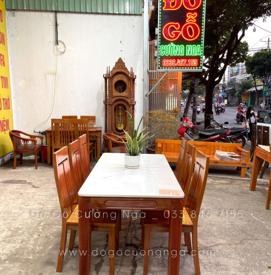 Bộ bàn ăn mặt đá 6 ghế gỗ Xoan Đào cao cấp - Ghế chữ T 