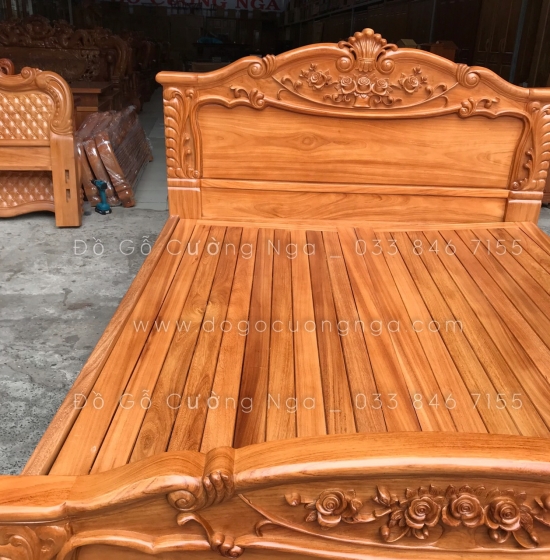 Giường gỗ gõ đỏ cao cấp mẫu lãng hồng - phản gõ thưa