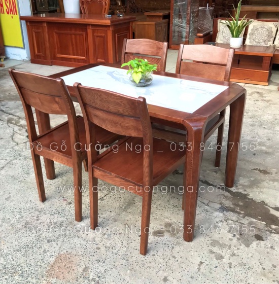 Bộ bàn ăn gỗ sồi nga mặt đá 1m2- 4 ghế  lau màu óc chó đẹp 