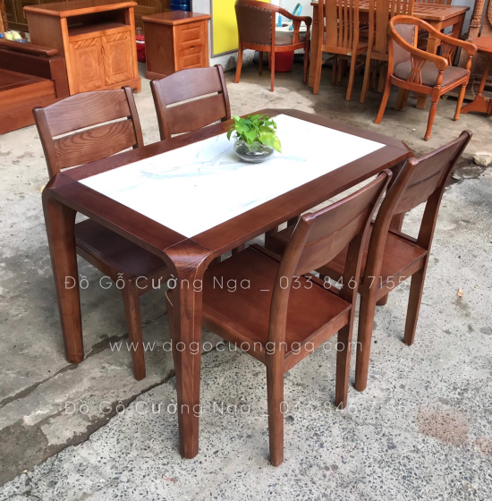 Bộ bàn ăn gỗ sồi nga mặt đá 1m2- 4 ghế  lau màu óc chó đẹp 