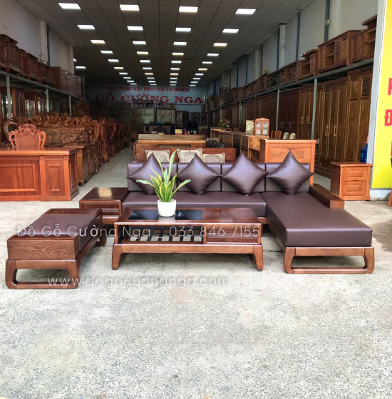 Bộ Ghế Sofa Gỗ Sồi Nga Lau Màu Óc Chó Kèm Nệm Hiện Đại 