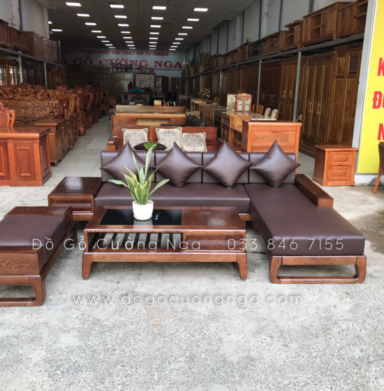 Bộ Ghế Sofa Gỗ Sồi Nga Lau Màu Óc Chó Kèm Nệm Hiện Đại 