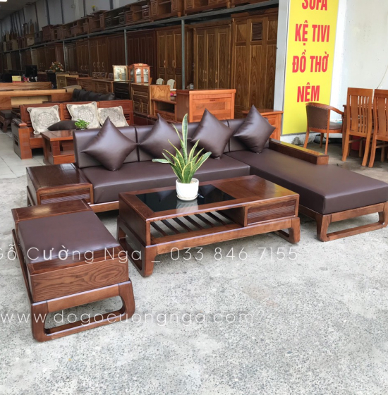 Bộ Ghế Sofa Gỗ Sồi Nga Lau Màu Óc Chó Kèm Nệm Hiện Đại 