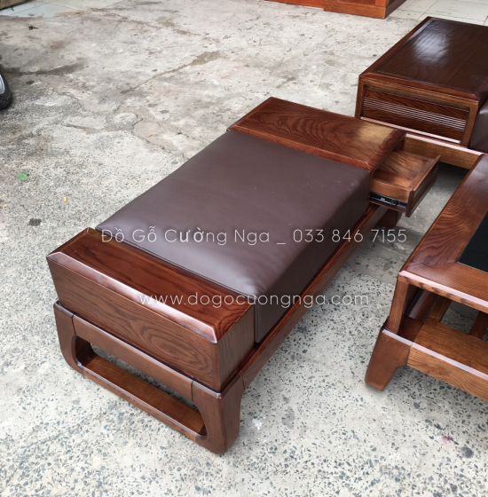 Bộ Ghế Sofa Gỗ Sồi Nga Lau Màu Óc Chó Kèm Nệm Hiện Đại 