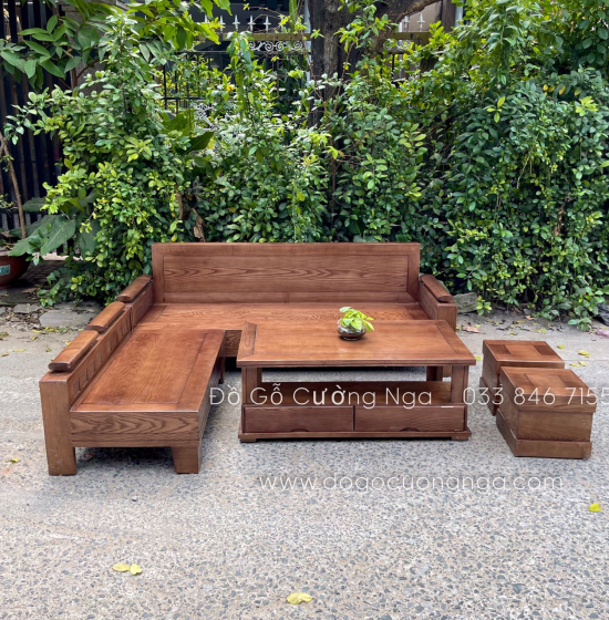 Bộ Bàn Ghế Sofa Gỗ Sồi Nga Màu Óc Chó 2mx1m8 - Tựa Liền 