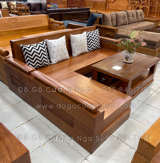 Bàn Ghế Phòng Khách Sofa Gỗ Xoan Đào Góc L 2m1x1m6