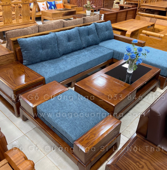 Bộ Ghế Sofa Gỗ Sồi Nga Lau Màu Hương Chân Choãi 2m8x1m8 - Kèm Nệm Vế Phải