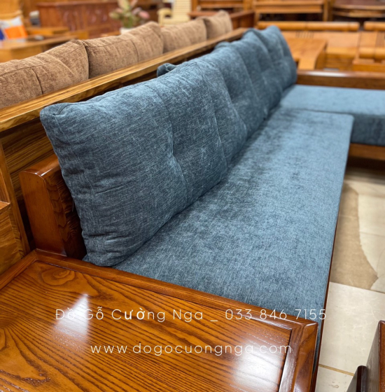 Bộ Ghế Sofa Gỗ Sồi Nga Lau Màu Hương Chân Choãi 2m8x1m8 - Kèm Nệm Vế Phải