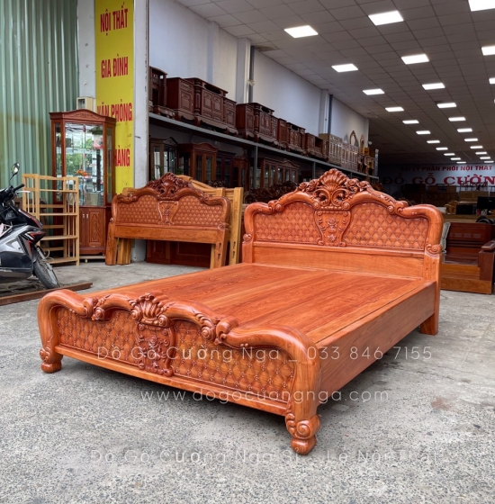 Giường gỗ hương đá cao cấp vạt phản liền - mẫu Hoa Hồng 