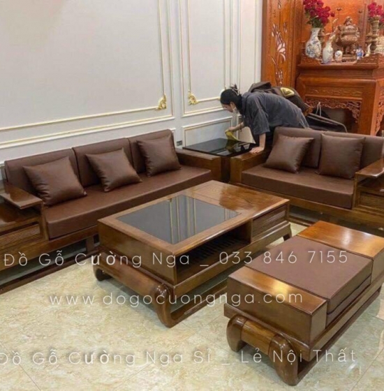 Bộ ghế sofa hai văng gỗ sồi nga lau màu hương cao cấp 