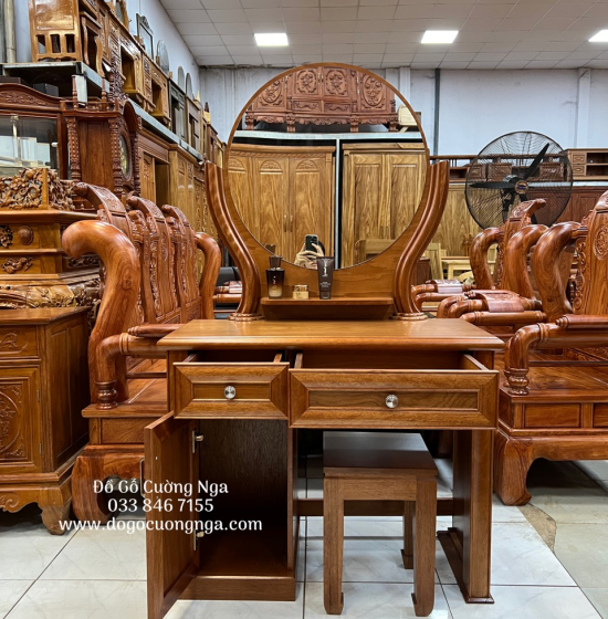 Bàn Trang Điểm Gỗ Xoan Đào 80cm Gương Tròn Hiện Đại TĐ 026