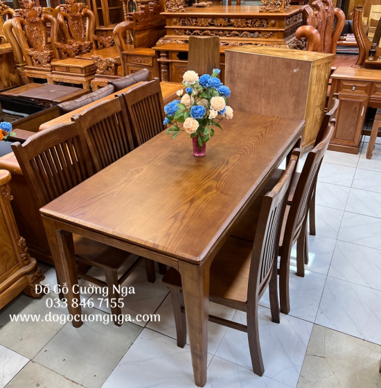 Bàn ăn gỗ sồi nga lau màu óc chó 6 ghế hiện đại BG 058