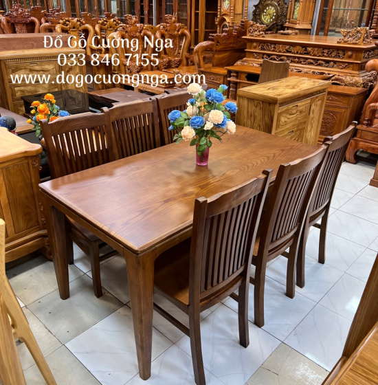 Bàn ăn gỗ sồi nga lau màu óc chó 6 ghế hiện đại BG 058
