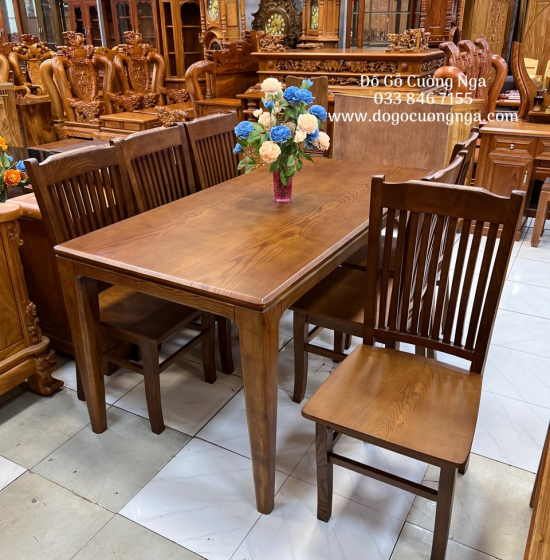 Bàn ăn gỗ sồi nga lau màu óc chó 6 ghế hiện đại BG 058