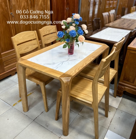 Bộ bàn ăn 4 ghế gỗ sồi nga mặt đá hiện đại 