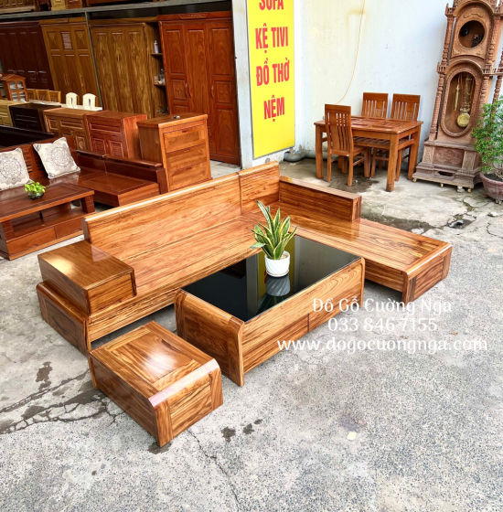 Bộ Bàn Ghế Sofa Góc L Gỗ Hương Xám 2m8x1m8 Vế Phải