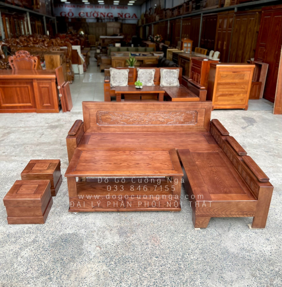 Bàn Ghế Sofa Gỗ Sồi Nga Góc L 2mx1m8 Màu Óc Chó - Tựa Cảnh