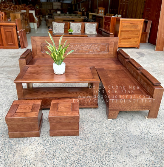Bàn Ghế Sofa Gỗ Sồi Nga Góc L 2mx1m8 Màu Óc Chó - Tựa Cảnh