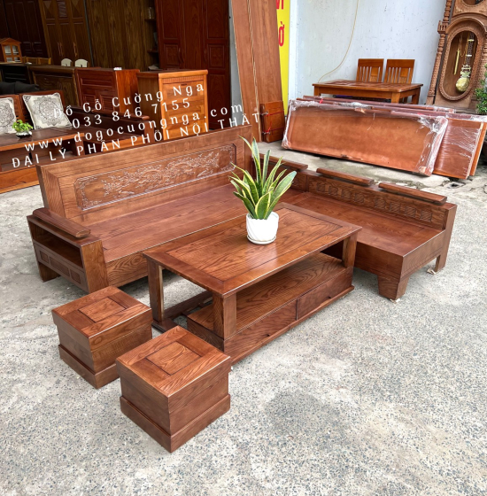 Bàn Ghế Sofa Gỗ Sồi Nga Góc L 2mx1m8 Màu Óc Chó - Tựa Cảnh