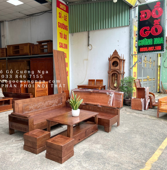 Bàn Ghế Sofa Gỗ Sồi Nga Góc L 2mx1m8 Màu Óc Chó - Tựa Cảnh