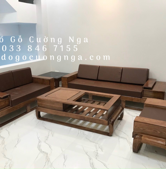 Bộ Sofa Gỗ Sồi Nga Lau Màu Hương 2 Văng Đùi Gà