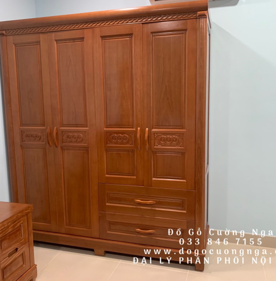 Tủ Quần Áo Gỗ Xoan Đào 4 Cánh Hiện Đại - Đồng Tiền 