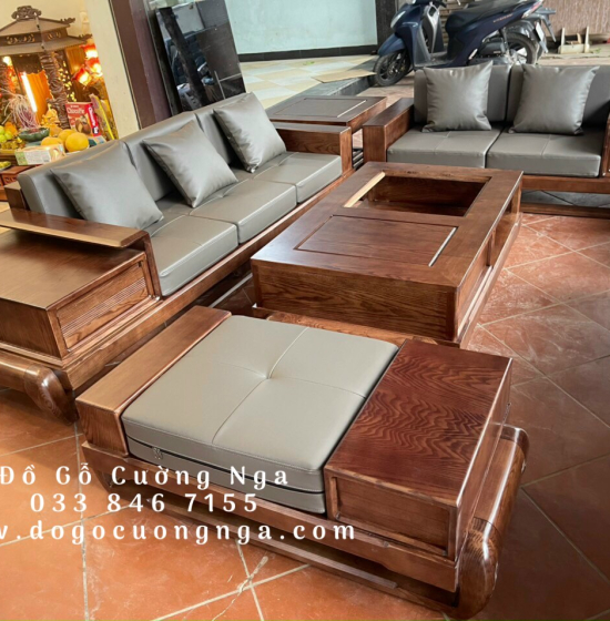 Bộ Sofa Gỗ Sồi Nga Lau Màu Hương 2 Văng Đùi Gà