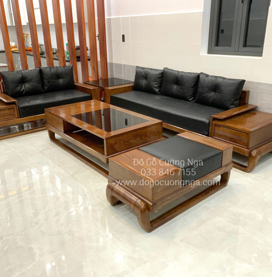 Bộ Ghế Sofa Hai Văng Gỗ Sồi Nga Lau Màu Hương Cao Cấp 