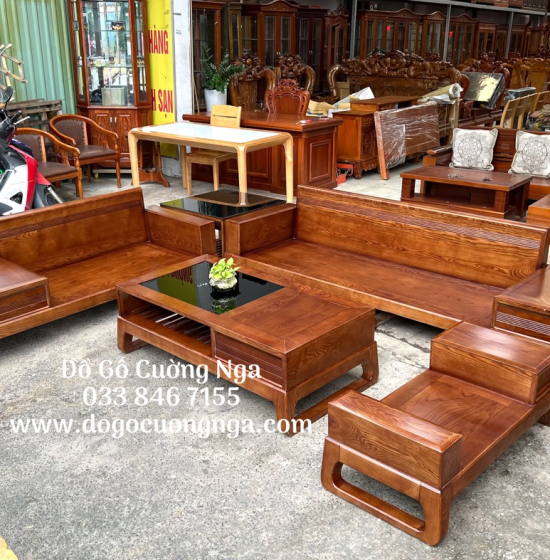 Bàn ghế sofa 2 văng gỗ sồi nga lau màu hương - kèm nệm cao cấp 