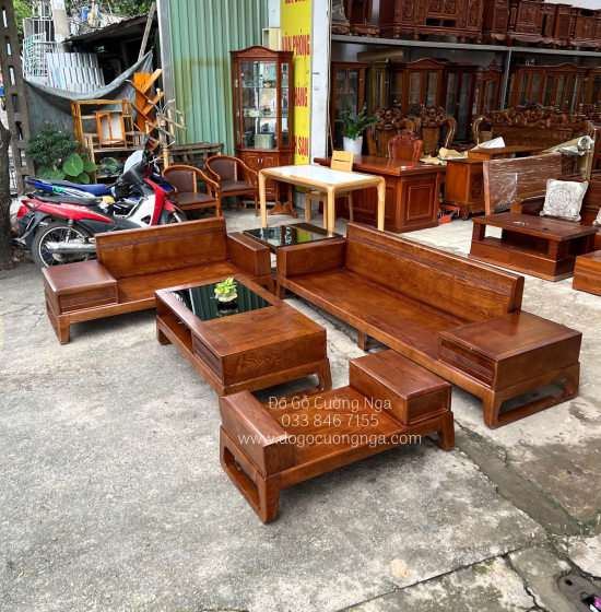 Bàn ghế sofa 2 văng gỗ sồi nga lau màu hương - kèm nệm cao cấp 