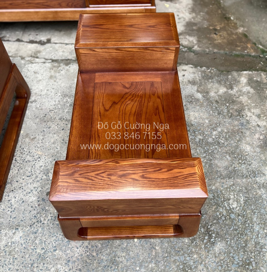 Bàn ghế sofa 2 văng gỗ sồi nga lau màu hương - kèm nệm cao cấp 