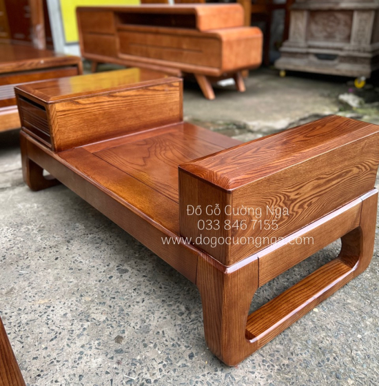Bàn ghế sofa 2 văng gỗ sồi nga lau màu hương - kèm nệm cao cấp 