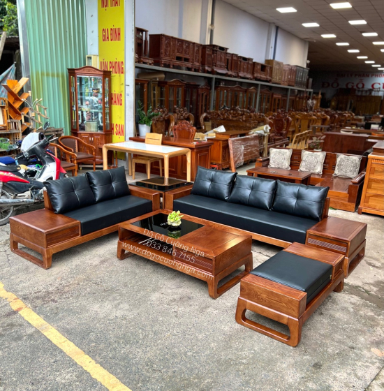 Bàn ghế sofa 2 văng gỗ sồi nga lau màu hương - kèm nệm cao cấp 