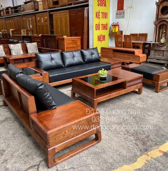 Bàn ghế sofa 2 văng gỗ sồi nga lau màu hương - kèm nệm cao cấp 