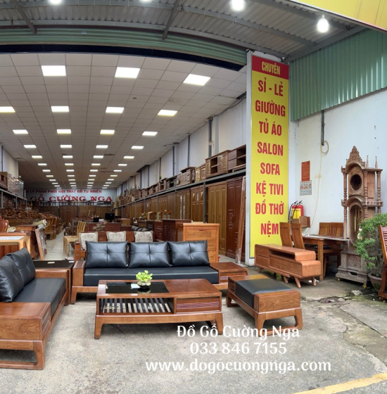 Bàn ghế sofa 2 văng gỗ sồi nga lau màu hương - kèm nệm cao cấp 