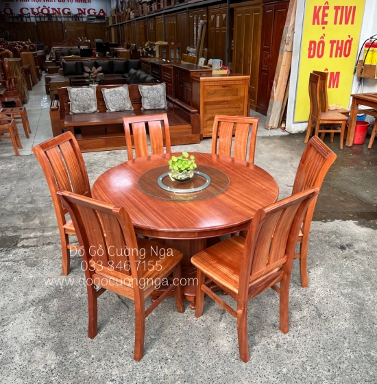 Bộ bàn ăn tròn mâm xoay gỗ Xoan Đào 6 ghế cao cấp BG 038
