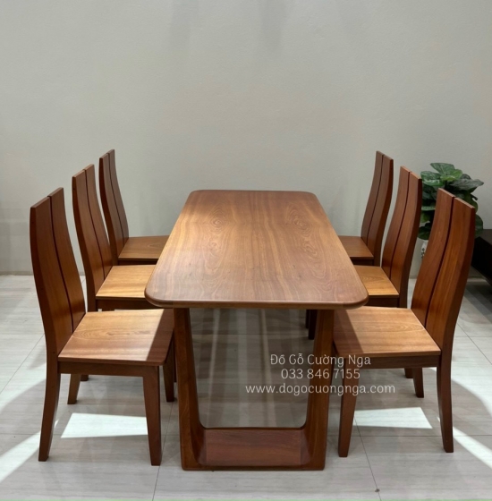 Bộ bàn ăn gỗ Xoan Đào 6 ghế mặt liền - chân vát BG 039