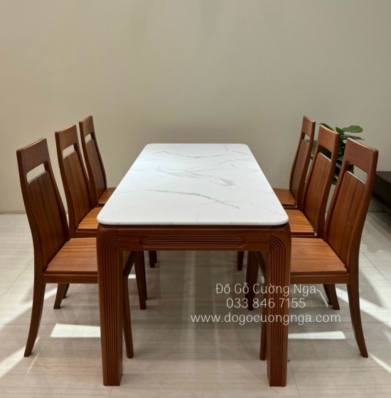 Bộ bàn ăn gỗ Xoan Đào 6 ghế mặt đá cao cấp BG 048