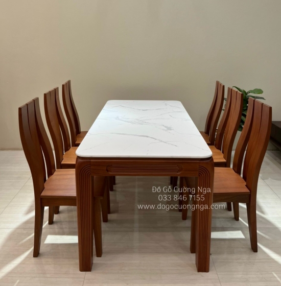 Bộ bàn ăn gỗ Xoan Đào mặt đá 6 ghế - chân soi cao cấp 