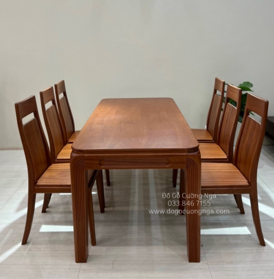 Bộ bàn ăn gỗ xoan đào 6 ghế - mặt liền - chân soi hiện đại 
