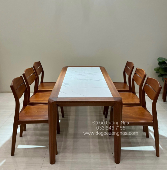 Bộ bàn ăn gỗ xoan đào mặt đá 6 ghế - chân hươu BG 050